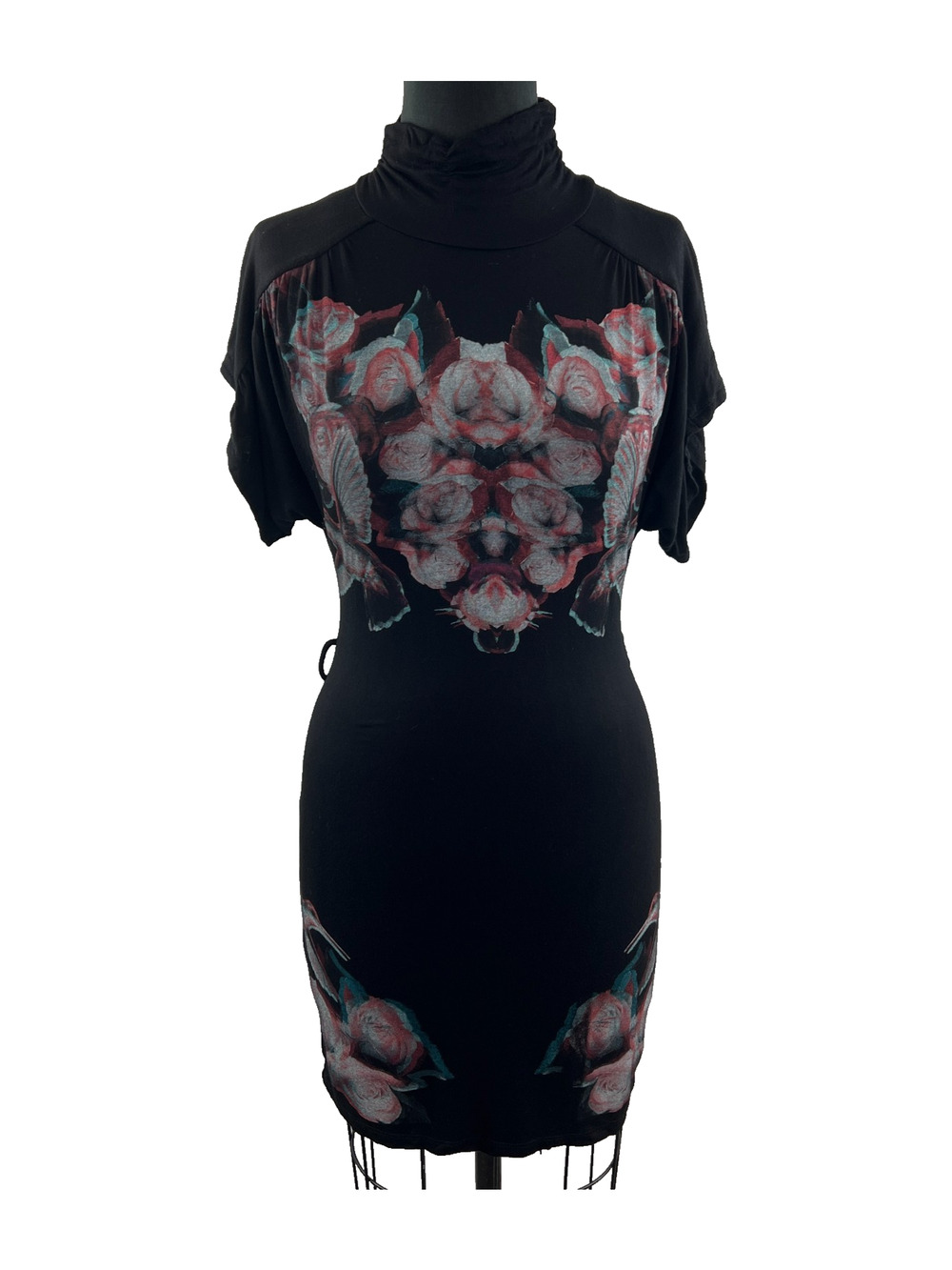 Trash & Luxury Black Rose Print TurtleNeck Tunic Top Dress Size M Medium